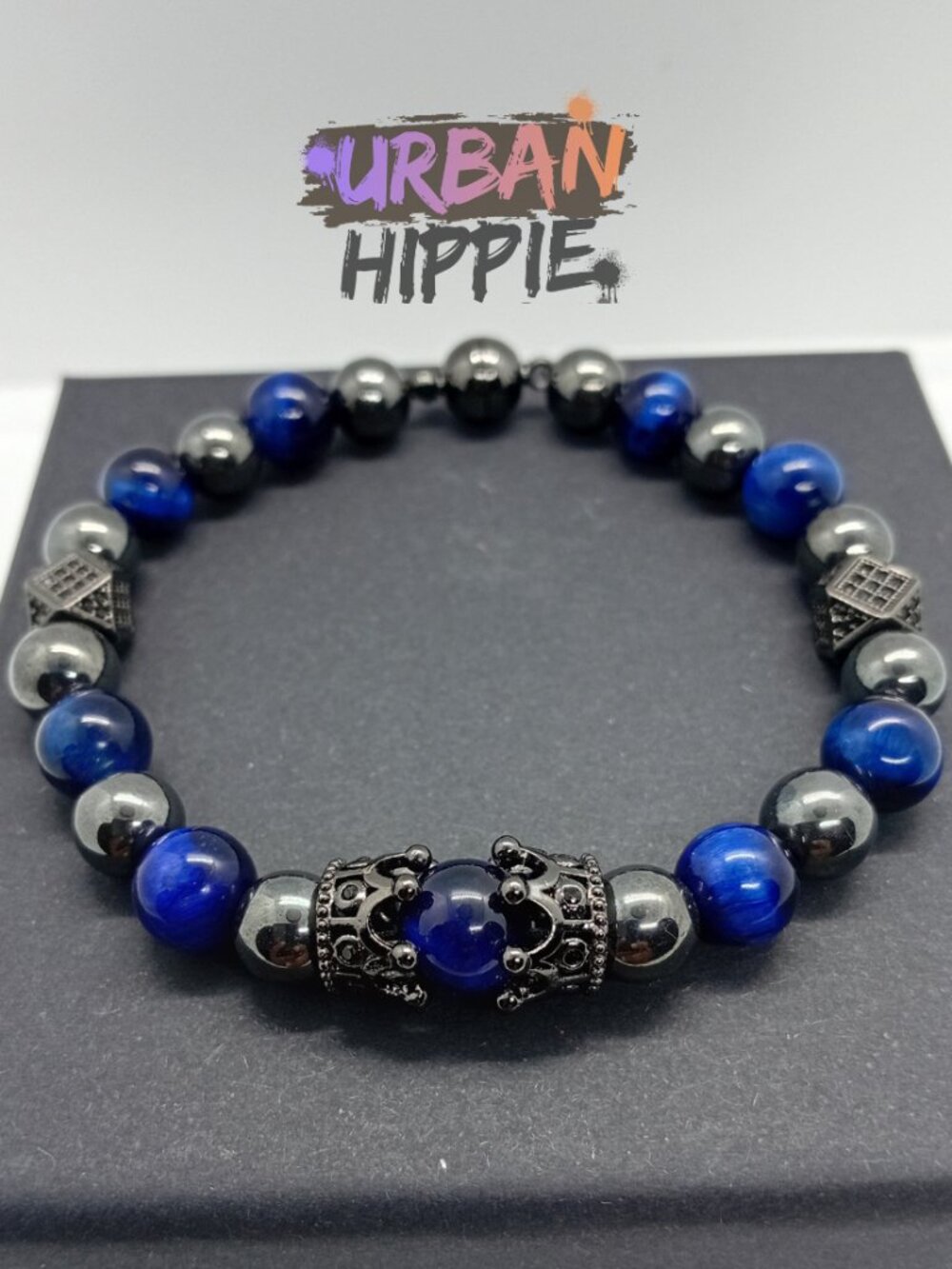 GEMSTONE Men's Double Crown Tiger's Eye & Hematite Beaded Bracelet Magnet Clasp